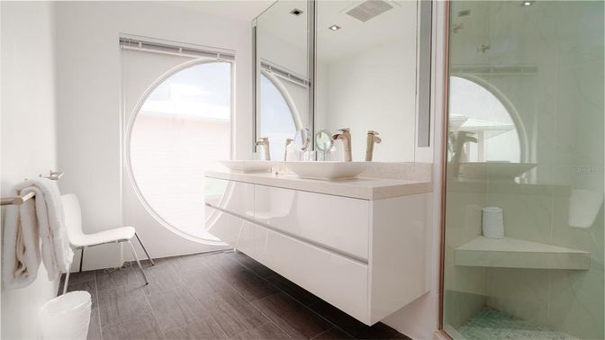 Bathroom, Glass Shower, Interior, Recessed Lighting, Wood Texture Flooring