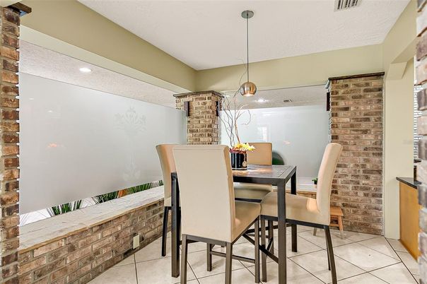 Dining room, Interior, Pendant Lights, Recessed Lighting, Stone Walls