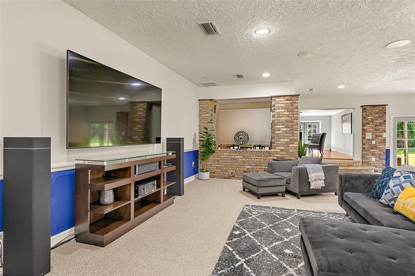 Interior, Living room, Recessed Lighting, Stone Walls