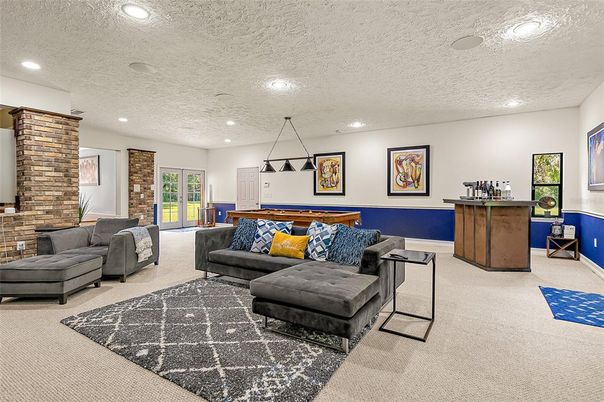Billiard Table, Game Room, Interior, Living room, Pendant Lights, Recessed Lighting, Stone Walls