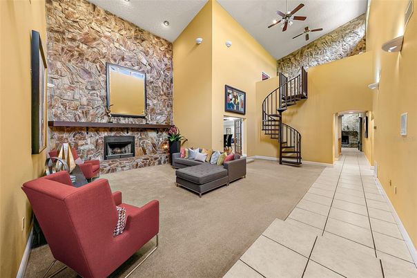 Fireplace, Interior, Living room, Recessed Lighting, Stone Walls