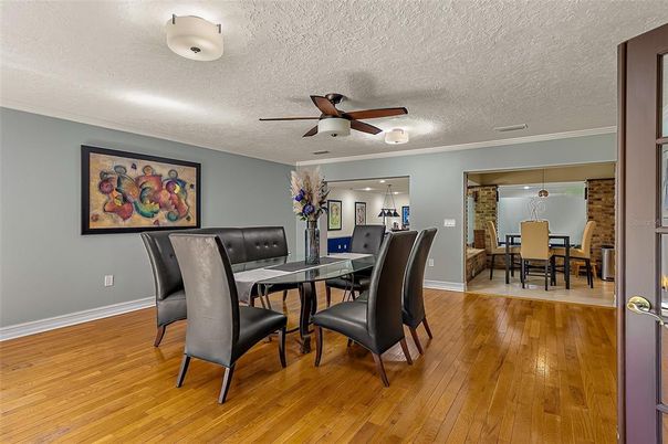 Dining room, Interior, Pendant Lights, Wood Texture Flooring