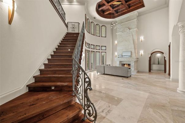 Fireplace, Interior, Recessed Lighting, Wood Texture Flooring