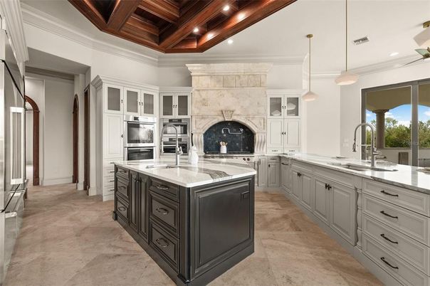 Fireplace, Interior, Kitchen, Pendant Lights, Recessed Lighting, Stainless Steel Appliances, Wooden Beams, Wooden Ceilings