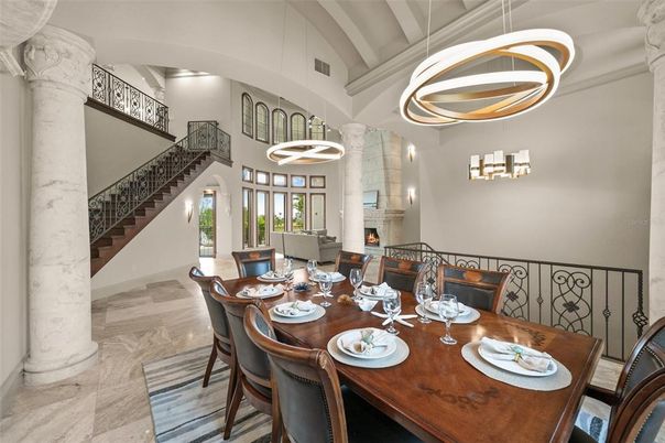Dining room, Fireplace, Interior, Pendant Lights