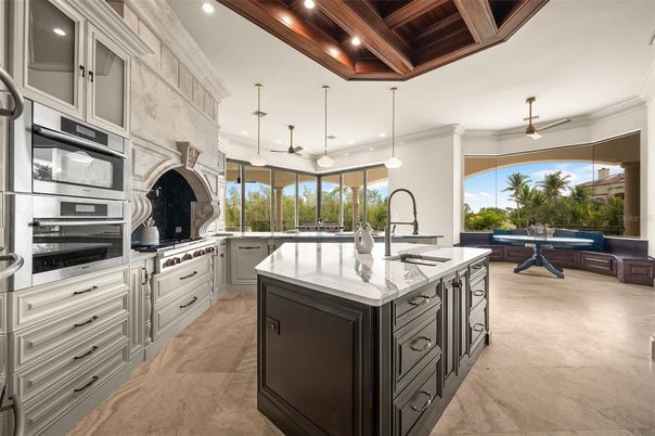 Interior, Kitchen, Pendant Lights, Recessed Lighting, Stainless Steel Appliances, Wooden Beams, Wooden Ceilings