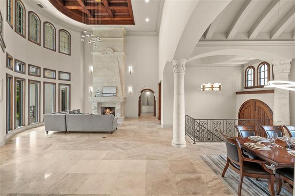 Chandelier, Dining room, Fireplace, Interior, Living room, Pendant Lights, Recessed Lighting