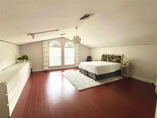 Bedroom, Interior, Pendant Lights, Wood Texture Flooring