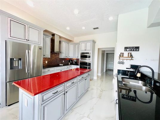 Interior, Kitchen, Marble, Recessed Lighting, Stainless Steel Appliances