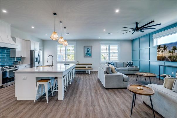 Interior, Kitchen, Living room, Pendant Lights, Recessed Lighting, Stainless Steel Appliances, Wood Texture Flooring