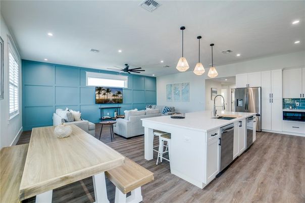 Interior, Kitchen, Living room, Pendant Lights, Recessed Lighting, Stainless Steel Appliances, Wood Texture Flooring