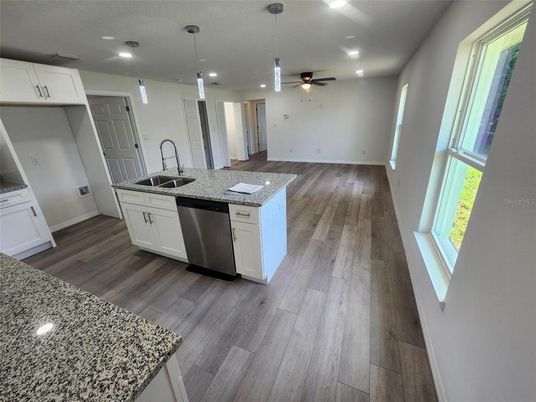 Interior, Kitchen, Pendant Lights, Recessed Lighting, Wood Texture Flooring