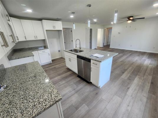 Interior, Kitchen, Pendant Lights, Recessed Lighting, Wood Texture Flooring
