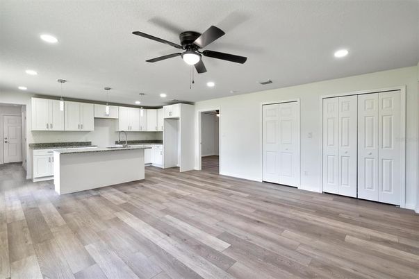 Interior, Kitchen, Pendant Lights, Recessed Lighting, Wood Texture Flooring