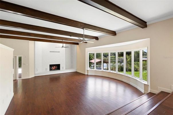 Empty room, Fireplace, Interior, Wooden Beams, Wood Texture Flooring