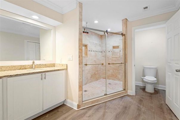 Bathroom, Glass Shower, Interior, Recessed Lighting, Wood Texture Flooring
