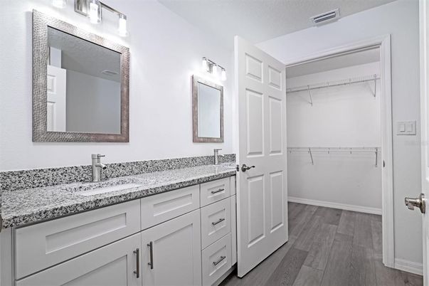 Bathroom, Dual Sink Vanities, Interior, Walk-in Closets, Wood Texture Flooring