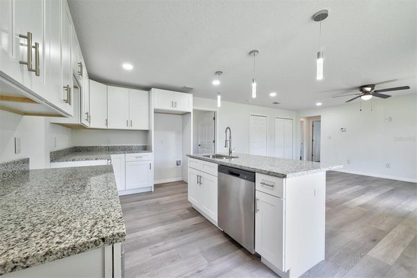 Interior, Kitchen, Pendant Lights, Recessed Lighting, Wood Texture Flooring
