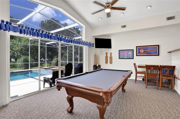 Billiard Table, Game Room, Glass Ceilings, Interior, Pool, Recessed Lighting, Sun Room