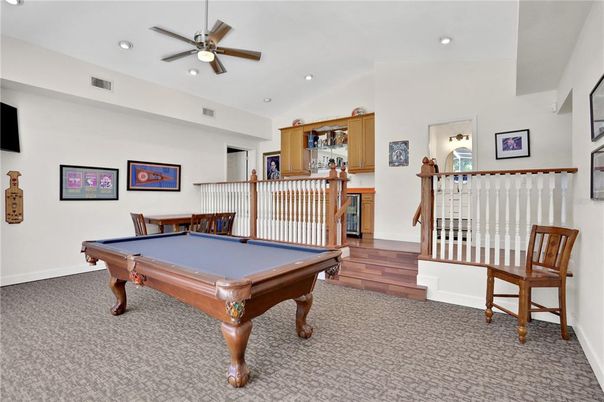 Billiard Table, Game Room, Interior, Recessed Lighting, Wood Texture Flooring