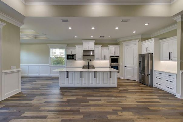 Interior, Kitchen, Recessed Lighting, Stainless Steel Appliances, Wood Texture Flooring