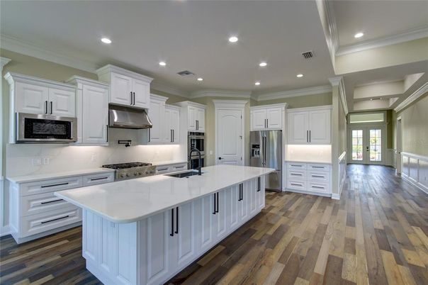 Interior, Kitchen, Recessed Lighting, Stainless Steel Appliances, Wood Texture Flooring