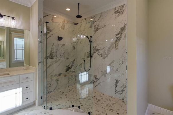 Bathroom, Glass Shower, Interior, Marble, Marble Walls, Recessed Lighting