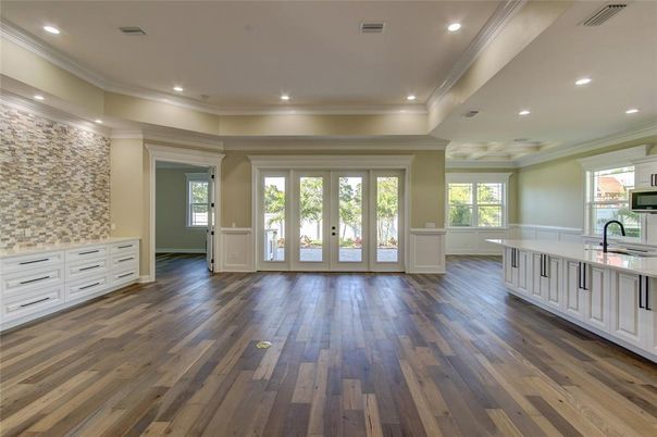 Empty room, Interior, Kitchen, Recessed Lighting, Wood Texture Flooring