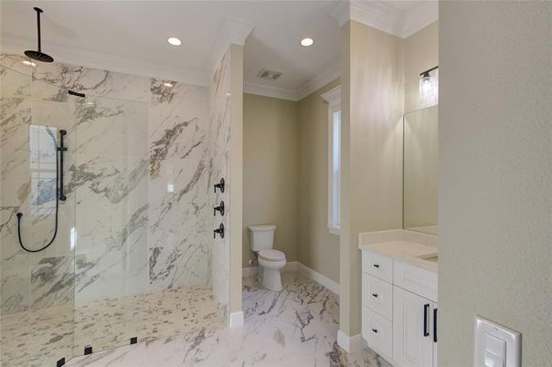 Bathroom, Glass Shower, Interior, Marble, Marble Walls, Recessed Lighting