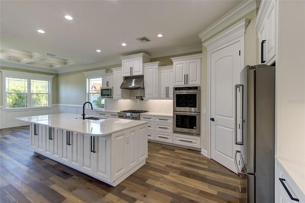 Interior, Kitchen, Recessed Lighting, Stainless Steel Appliances, Wood Texture Flooring