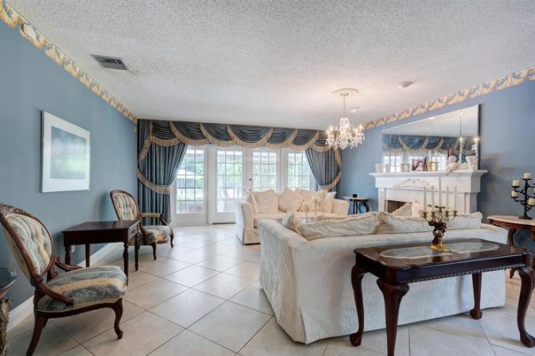Chandelier, Fireplace, Interior, Living room