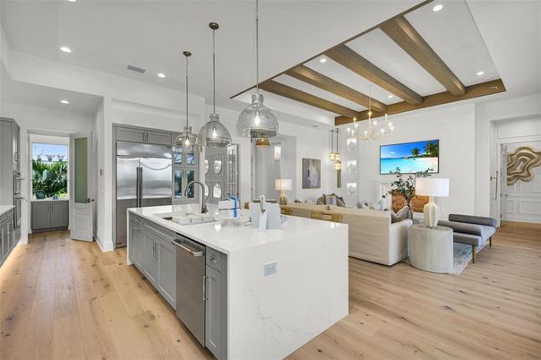 Interior, Kitchen, Living room, Pendant Lights, Recessed Lighting, Stainless Steel Appliances, Wooden Beams, Wood Texture Flooring