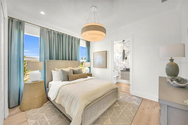 Bedroom, Interior, Pendant Lights, Recessed Lighting, Wood Texture Flooring