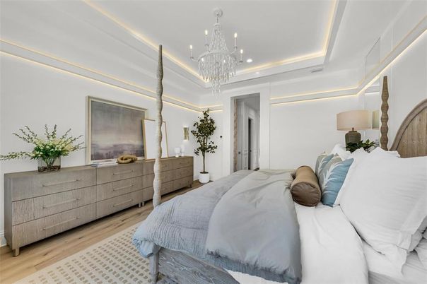 Bedroom, Chandelier, Interior, Recessed Lighting, Wood Texture Flooring