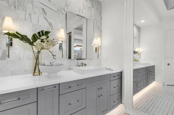Bathroom, Dual Sink Vanities, Interior, Marble Walls, Recessed Lighting