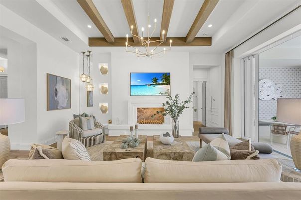 Fireplace, Interior, Living room, Pendant Lights, Recessed Lighting, Wooden Beams, Wood Texture Flooring