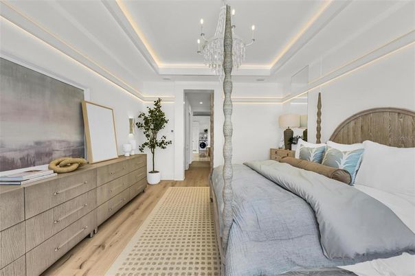 Bedroom, Chandelier, Interior, Recessed Lighting, Wood Texture Flooring
