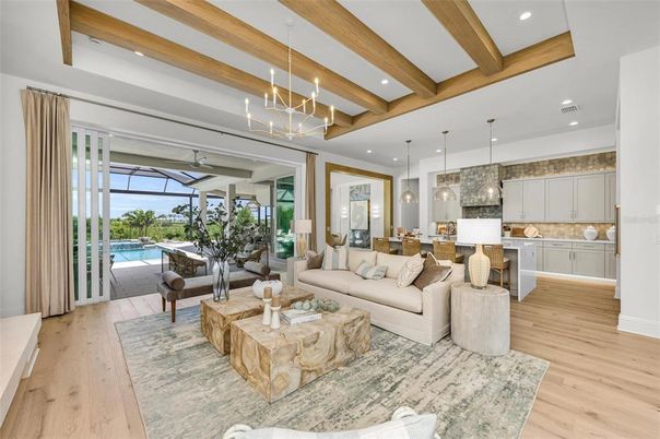 Dining room, Interior, Kitchen, Living room, Pendant Lights, Recessed Lighting, Wooden Beams, Wood Texture Flooring