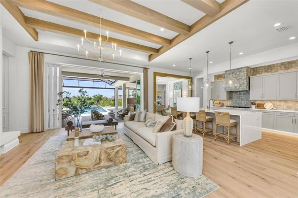 Interior, Kitchen, Living room, Pendant Lights, Recessed Lighting, Wooden Beams, Wood Texture Flooring