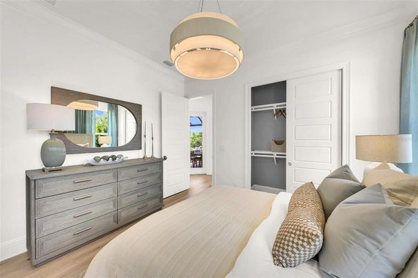 Bedroom, Interior, Pendant Lights, Wood Texture Flooring