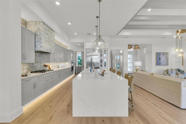 Interior, Kitchen, Living room, Pendant Lights, Recessed Lighting, Wood Texture Flooring