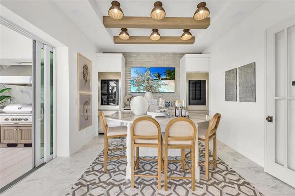 Dining room, Interior, Marble, Pendant Lights, Wooden Beams