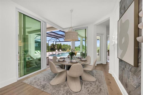Dining room, Interior, Pendant Lights, Sun Room, Wood Texture Flooring