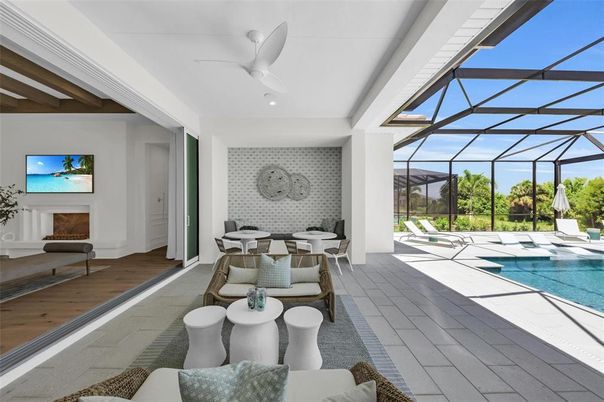 Dining room, Glass Ceilings, Interior, Pool, Recessed Lighting, Stone Walls, Sun Room, Wood Texture Flooring