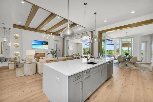 Dining room, Fireplace, Interior, Kitchen, Living room, Pendant Lights, Recessed Lighting, Wooden Beams, Wood Texture Flooring