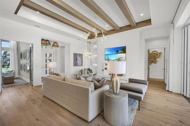 Dining room, Interior, Living room, Pendant Lights, Recessed Lighting, Wooden Beams, Wood Texture Flooring