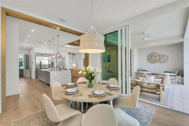 Dining room, Interior, Kitchen, Pendant Lights, Recessed Lighting, Stainless Steel Appliances, Wood Texture Flooring