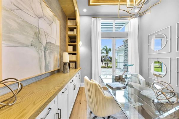 Dining room, Interior, Marble Walls, Recessed Lighting, Wood Texture Flooring