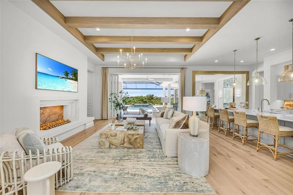 Fireplace, Interior, Kitchen, Living room, Pendant Lights, Recessed Lighting, Wooden Beams, Wood Texture Flooring