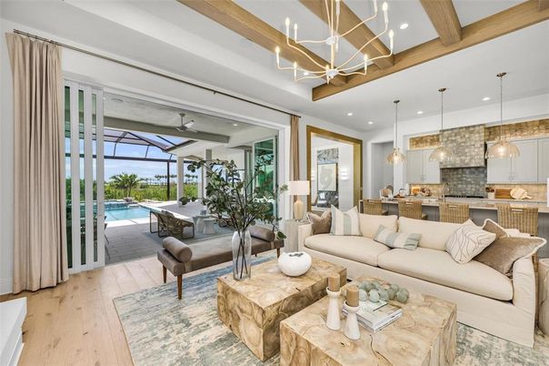 Interior, Kitchen, Living room, Pendant Lights, Recessed Lighting, Wooden Beams, Wood Texture Flooring